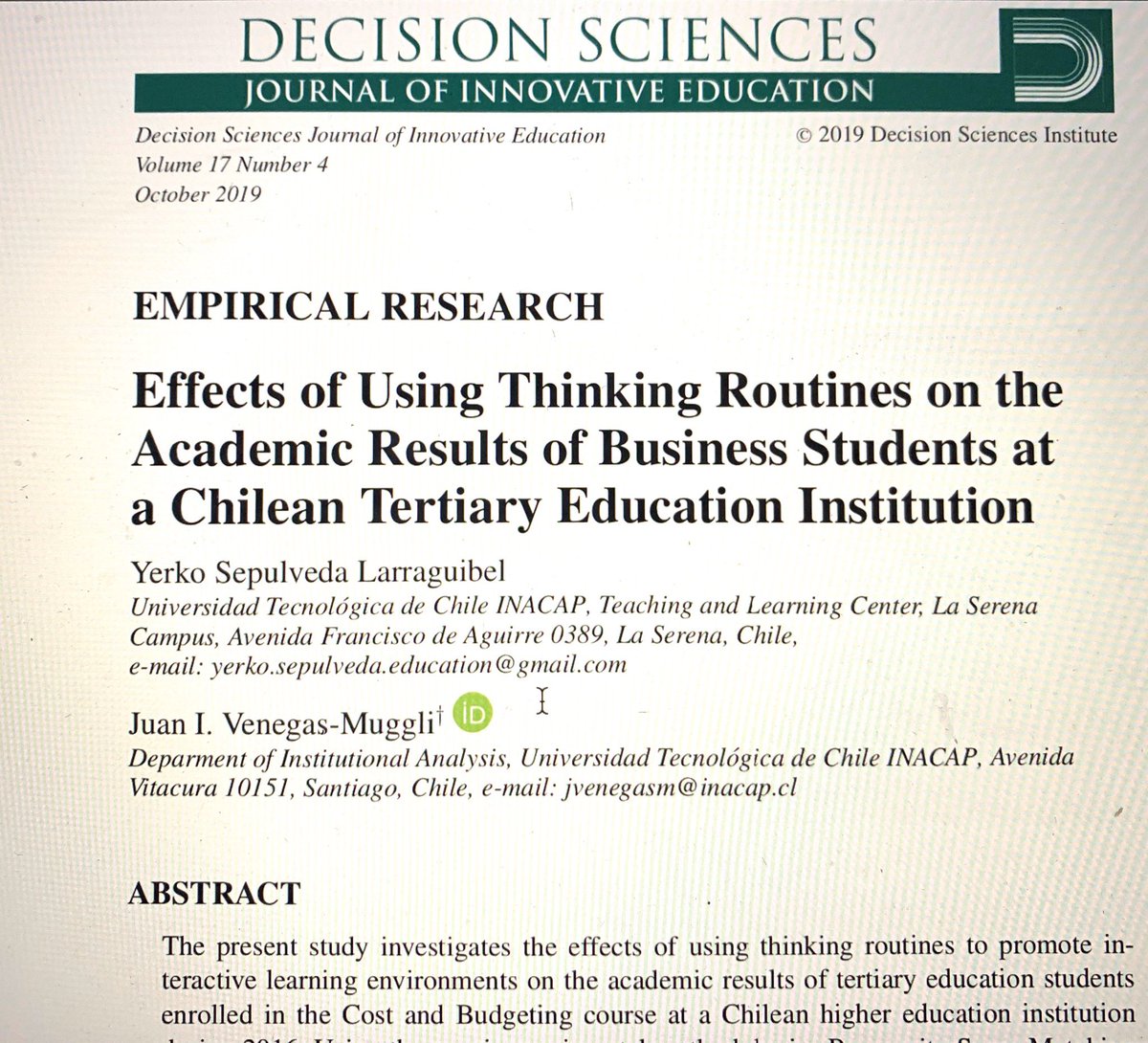 YerkoSepulvedaL, Ph.D (@ysepulvedal) on Twitter photo Thrilled to share a new publication in the Decision Sciences Journal of Innovative Education. Effects of Using Thinking Routines in Academic results. Always thankful to @RonRitchhart and <a href="/ProjectZeroHGSE/">Project Zero</a> for the #usableknowledge and inspiration Thrilled to share a new publication in the Decision Sciences Journal of Innovative Education. Effects of Using Thinking Routines in Academic results. Always thankful to @RonRitchhart and <a href="/ProjectZeroHGSE/">Project Zero</a> for the #usableknowledge and inspiration