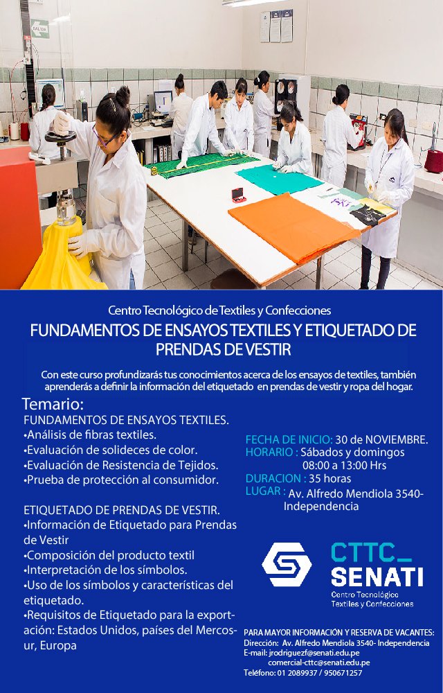 TextilCentro's tweet photo. CURSO de FUNDAMENTOS DE ENSAYOS TEXTILES &amp; ETIQUETADO DE PRENDAS DE VESTIR.
📅 INICIO: 30 de Noviembre
⏰Horario: sábados y domingos de 08:00 a 13.00 horas
🕐Duración: 35 horas
📌Lugar: SENATI SEDE INDEPENDENCIA
✍️ REGISTRO: https://t.co/FISBYfSpPU https://t.co/XcmMptJ5Mm