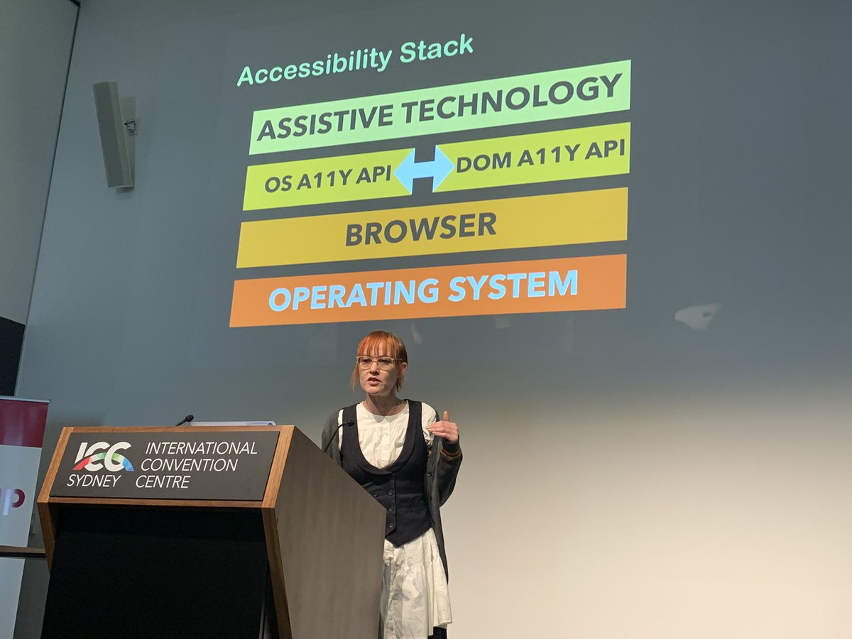 The accessibility stack: assistive tech is on top of the operating system and document object model APIs, which sits over the browser, which is on top of the operating system.  @aimee_maree  #A11yCamp
