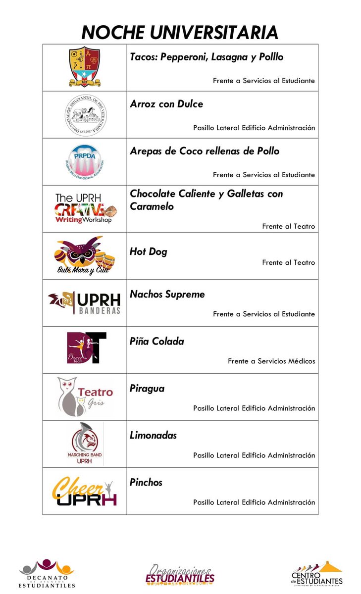 NEP_Oficial's tweet photo. ⭐️ #NocheUniversitaria | Listado de las ventas que estarán realizando las distintas organizaciones estudiantiles de la UPR Humacao en la Noche Universitaria. 

Les invitamos a un espacio de diversión, esparcimiento y disfrute universitario. ¡Los esperamos!

Vía: @EstudiantilUPRH https://t.co/vcg93D8IQ3