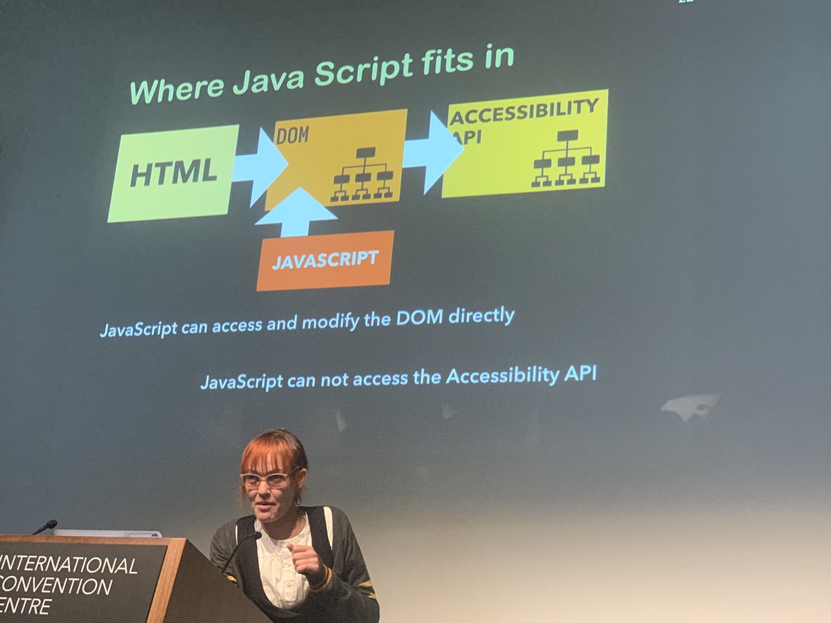 “So where does JavaScript fit in all this? Well, it doesn’t.”  @aimee_maree explains that JS doesn’t talk to tthe accessibility API directly, it interacts via the document object model.  #A11yCamp