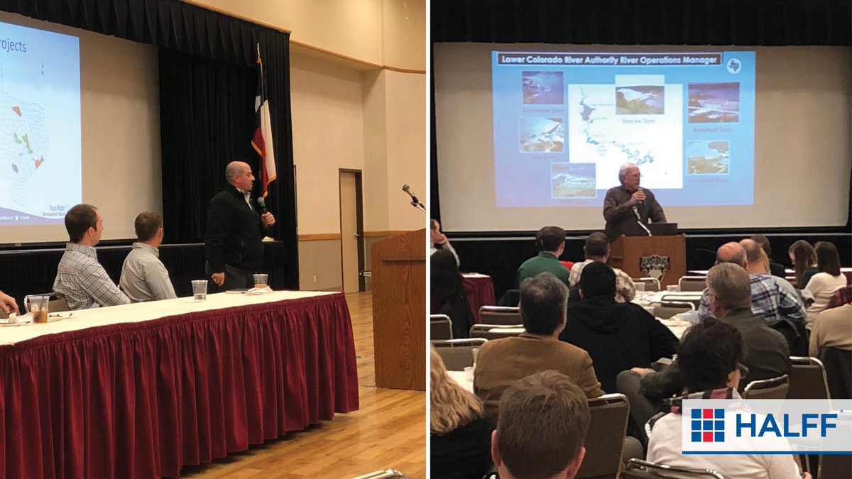 wearehalff's tweet photo. Scenes from today’s North Texas TFMA luncheon: Manuel Razo presents @twdb Texas Water Development Board's resource and program updates, and Halff’s Wes Birdwell discusses recent #flood legislation. https://t.co/hP1ixABOzU
