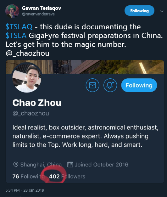 January:In January  @realChaoZhou started documenting the construction of Gigafactory 3 in China. Amused by the so-called Mudfactory,  $TSLAQ quickly became followers and friends of Chao.