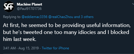 After May  $TSLAQ was mostly ignoring  @realChaoZhou as the Mudfactory turned out to be the real deal. He had served his purpose and could not benefit the  #DumDums anymore. The official blocking came in August.Welcome to the block list, Gigafisherman!