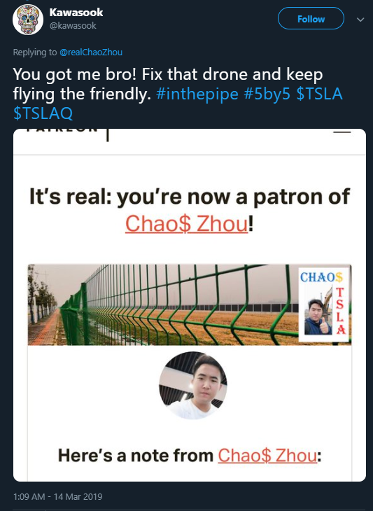 March 2/3:  $TSLAQ, the fans of the truth, even kept donating to  @realChaoZhou to get better gear for him. But some were becoming suspicious...