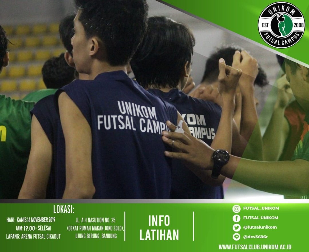 [info Latihan]
Hari: kamis, 15 November 2019
Jam: 19.00 - selesai
Lapang: Arena Futsal Cikadut

Jl. A.H Nasution No. 25 ,Ujung Berung, Bandung