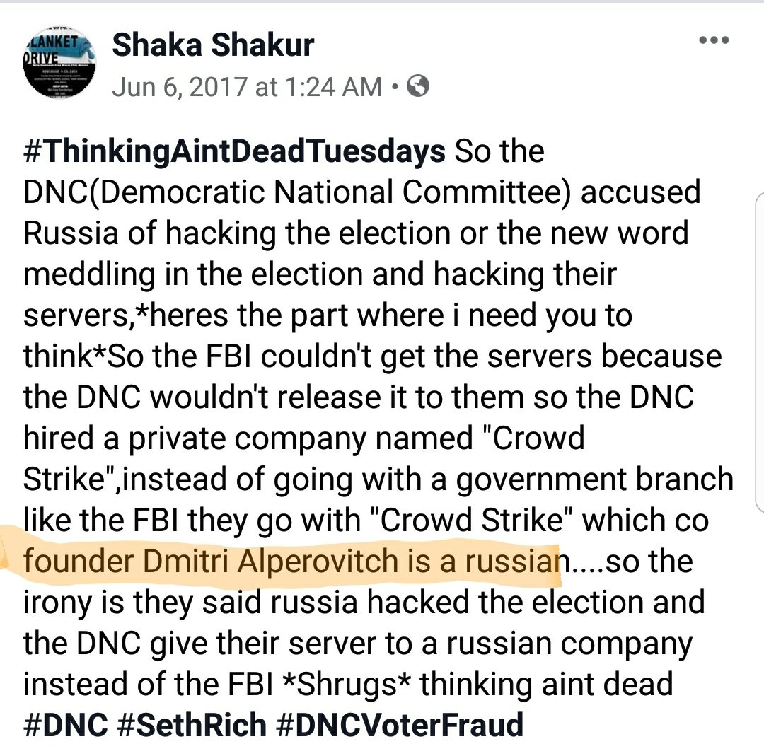 2017 I was right but I missed putting Ukraine in the post Dimitri is Ukrainian/Russian..so let me say this loud they(Crowdstrike and the DNC) that Russia hacked the DNC but never handed over the server to the  @FBI instead they gave it to a company named Crowdstrike founder Dmitri