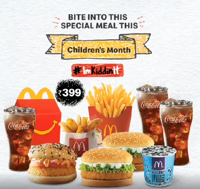 McDonald's Children's Month special Fun Family meal @ ₹399(Veg) / ₹499 (Non-Veg)

Valid at only West & South India outlets till 24th Nov

#ChildrensDay2019 #Mcdonaldsindia #ChildrensMonth #McDonalds #burgers #fries #HappyMeal