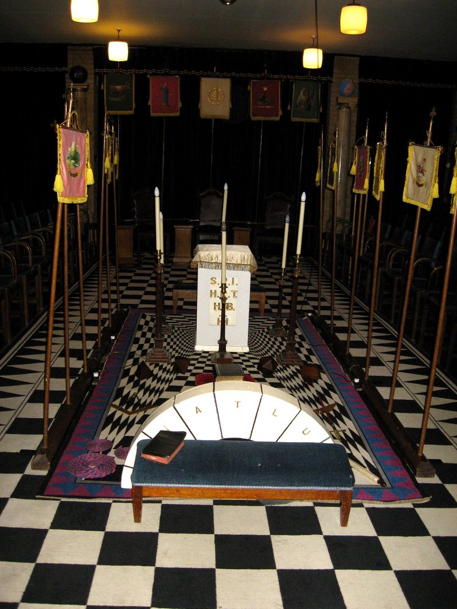 A lodge room set out for use by a Holy Royal Arch Chapter.