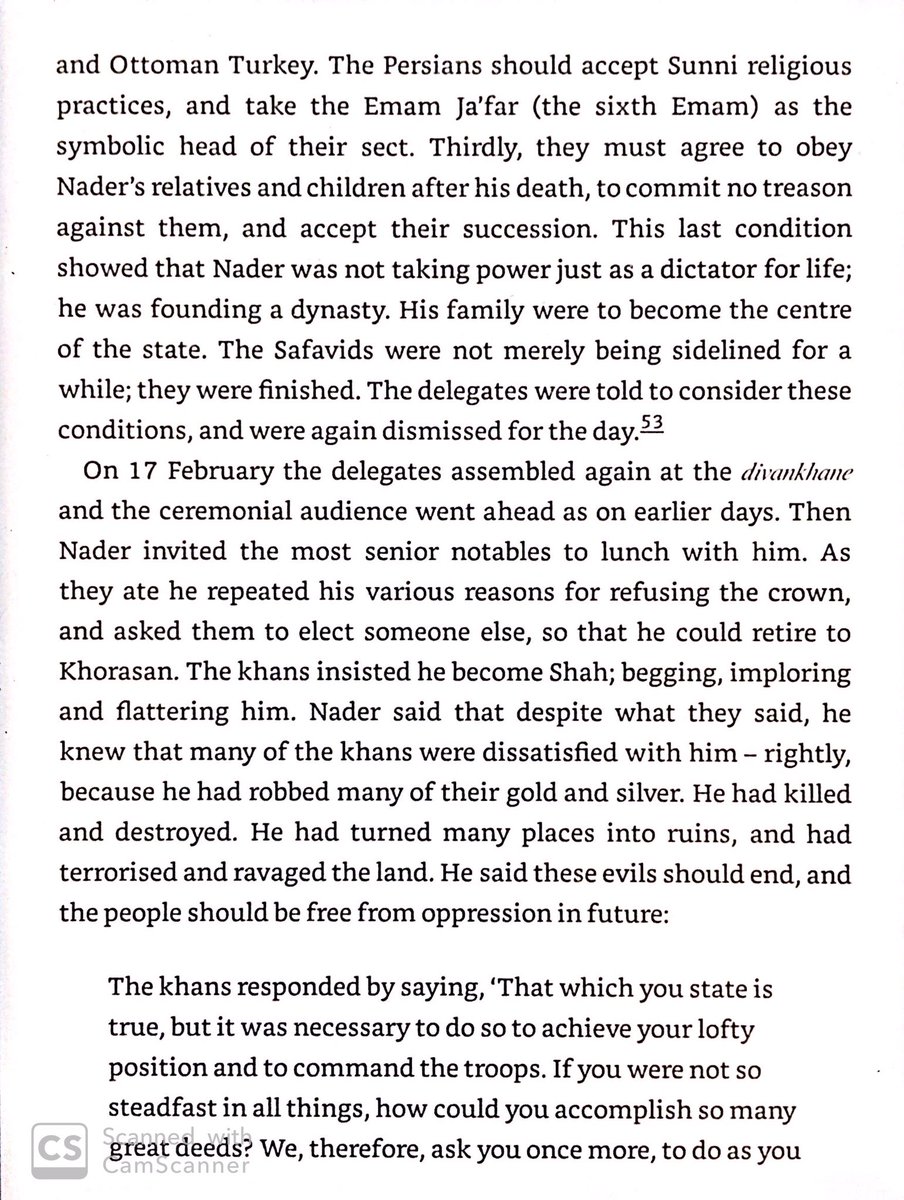 Within 2 years, Nader had avenged his defeat at Bagdad & restored Persia’s borders. In victory, he won enough support to make himself Shah, convert Iran to a 5th school of Sunni Islam, & found a new dynasty.