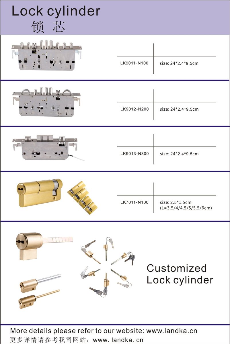 Mechanical Lock and Cylinder
Welcome to contact me
Vicky
Mob.:+86-137 2607 3990 (WhatApp&amp;Wechat)  
Tel.:+86-760-2222 3830
E-mail: vicky@landka.cn