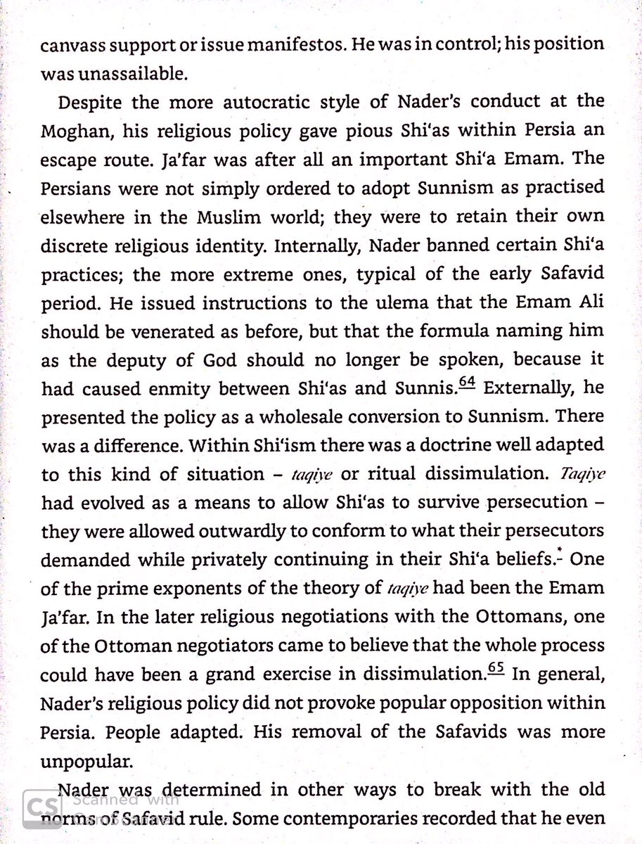 Nader’s religious policy was to allow Shia the ability to mostly practice their old faith, while banning its worst aspects & bringing the realm more into line with the reat of the Islamic world while still keeping some Persian distinctiveness.