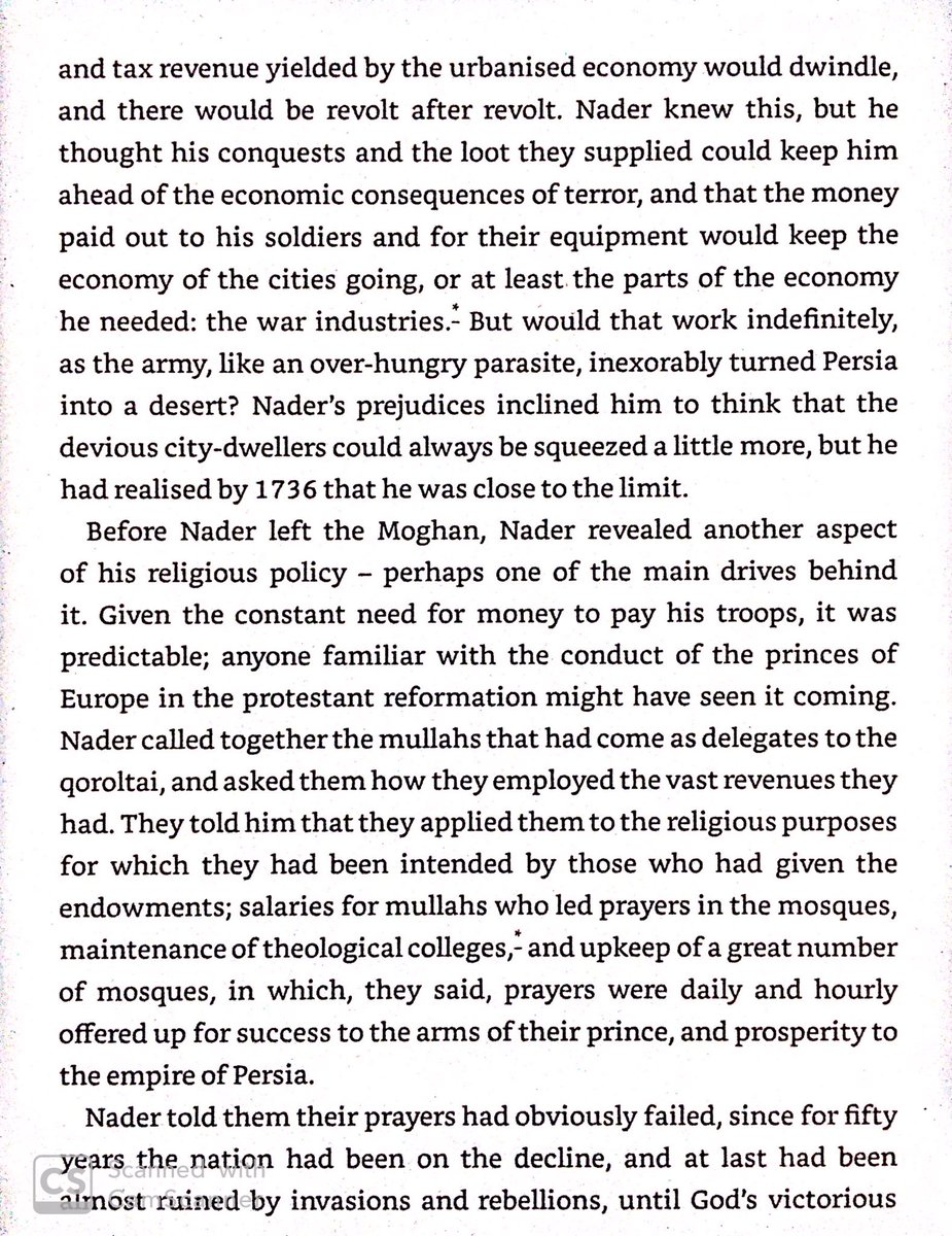 Nader’s nomad mindset - fund the army through plunder & heavy urban taxation. By 1736 he’d plundered & taxed Persia dry, so he secularized Shia clerical properties for money. No doubt this partly drove his conversion to Sunni.