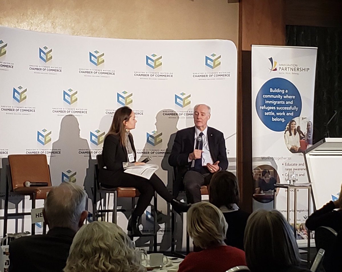 tara_bedard's tweet photo. Such a pleasure speaking with the Hon ⁦@PerrinBeatty⁩ at the ⁦@ImmigrationWR⁩ @GKWCC⁩ immigration &amp; the economy event. Smart attraction &amp; employment strategies, community welcome &amp; social supports key. Advice to business: hire 1 immigrant, then another &amp; so on.... https://t.co/Gs94wqemrD