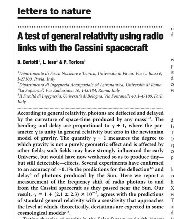 The result has since been refined by measuring the effect with distant space probes. In 2003, Bertotti, Iess, and Tortoran used a signal sent to and from  @CassiniSaturn to confirm the predictions of GR with an accuracy of 20 parts per million. https://www.nature.com/articles/nature01997