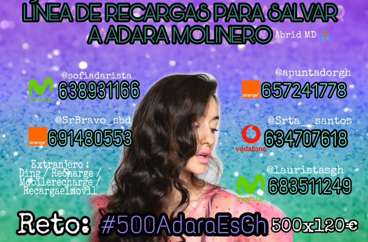 Srta__Santos's tweet photo. #GHVIP14N
¡RETO DE RECARGAS ADARISTA!✈️
Chicos necesitamos llenar líneas para hoy darlo todo. Es el último EMPUJÓN. Adara no se puede ir.
A los 500€ nos recargan 120€ Más.Vamos guerreros que es posible💪
VIP JOAO AL 27050.
Comprobantes en #500AdaraEsGh
Dudas md. 

#AdaraSeQueda https://t.co/EPTZwPaGFC