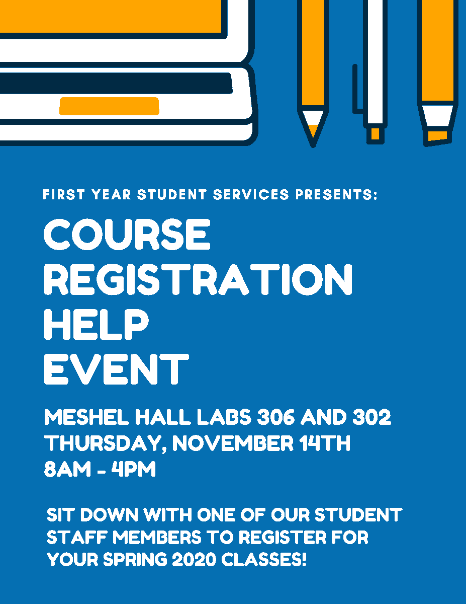ysufirstyear's tweet photo. The day is almost here! Our student staff is ready to help you get registered for your spring classes. Stop by anytime between 8am-4pm and start in Meshel Hall's computer lab 302. https://t.co/dm5CGMimSq