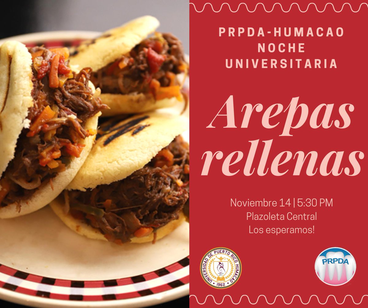 prpdauprh's tweet photo. Mañana jueves 14 de noviembre en la Noche Universitaria. Ven a disfrutar de nuestras arepas rellenas. Habrá música, comida, kareoke y mucho más. 

¡A pasarla bien, se ha dicho! https://t.co/sp5ObadAoe