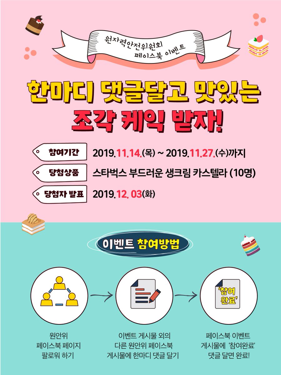 [원안위 페이스북 이벤트] 한마디 댓글달고 맛있는 조각 케익 받자!🍰

원안위를 향한 따뜻한 응원도 좋고 반가운 인사도 좋아요!
게시물에 대한 리뷰도 좋습니다~^^여러분의 다양한 댓글을 기다립니다! 많은 관심과 참여바랍니다.😍 #원안위 #페이스북 #이벤트 #참여하기👉bit.ly/32M9jYT