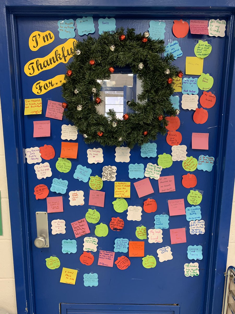 MrChoins's tweet photo. Sometimes you have to take a couple minutes in math class and remember what we are thankful for! It’s about teaching the whole child, not just about the math! #ThankfulDoor #rjhmathblast #RobinsonISD @whatsnewatrjh https://t.co/5DaYiyGgfI