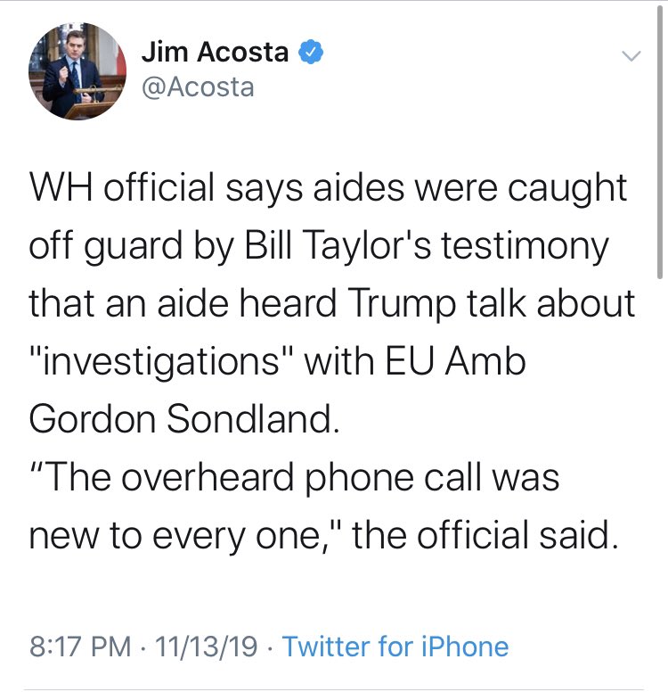 Here,  @Acosta has an alleged quote from a WH official that...1) Is as good as Acosta making it up.2) Changes nothing even if it is true. It's Immaterial News.3) There are no later events against which to check if this quote/news is real.See how  @jabeale calls out Acosta.