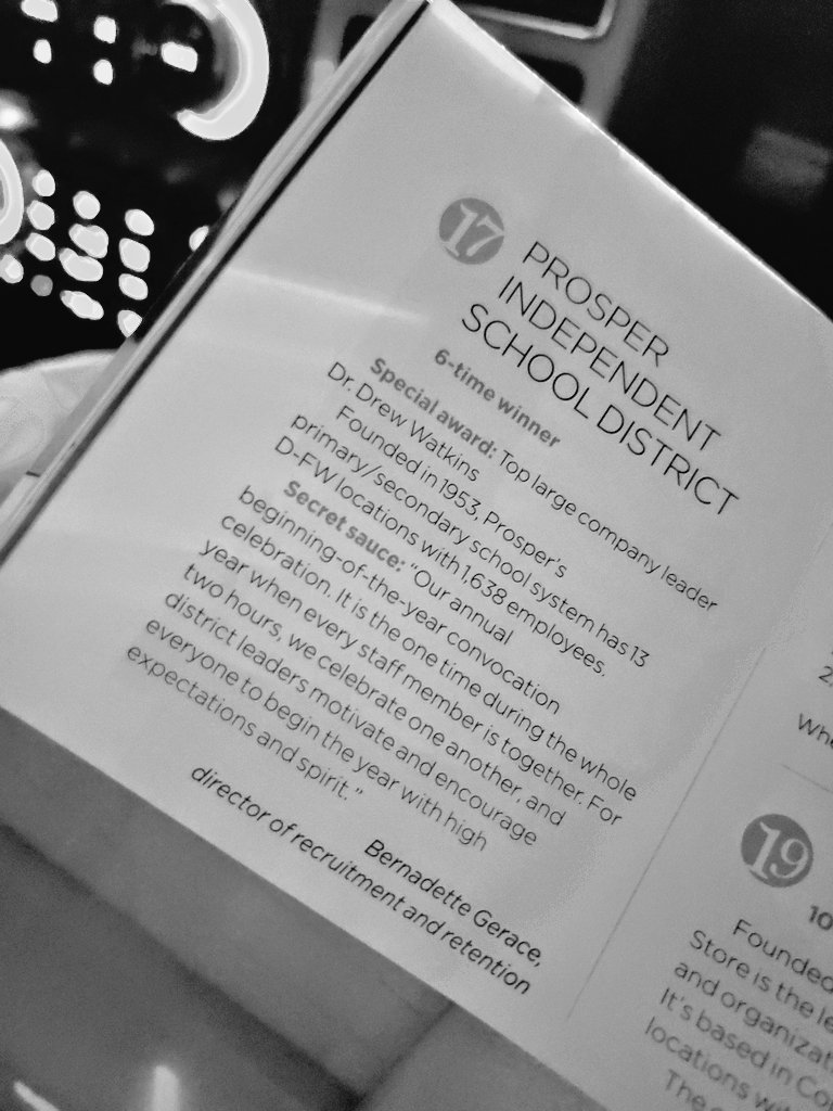Gerace96's tweet photo. Proud to announce that @ProsperISD is once again one of Dallas's Top Places to Work--6 years straight! With an added recognition for our very own @PISDDRW being named the top leader for the large company category. We are so blessed! #ProsperProud https://t.co/9eeKV7NHwm