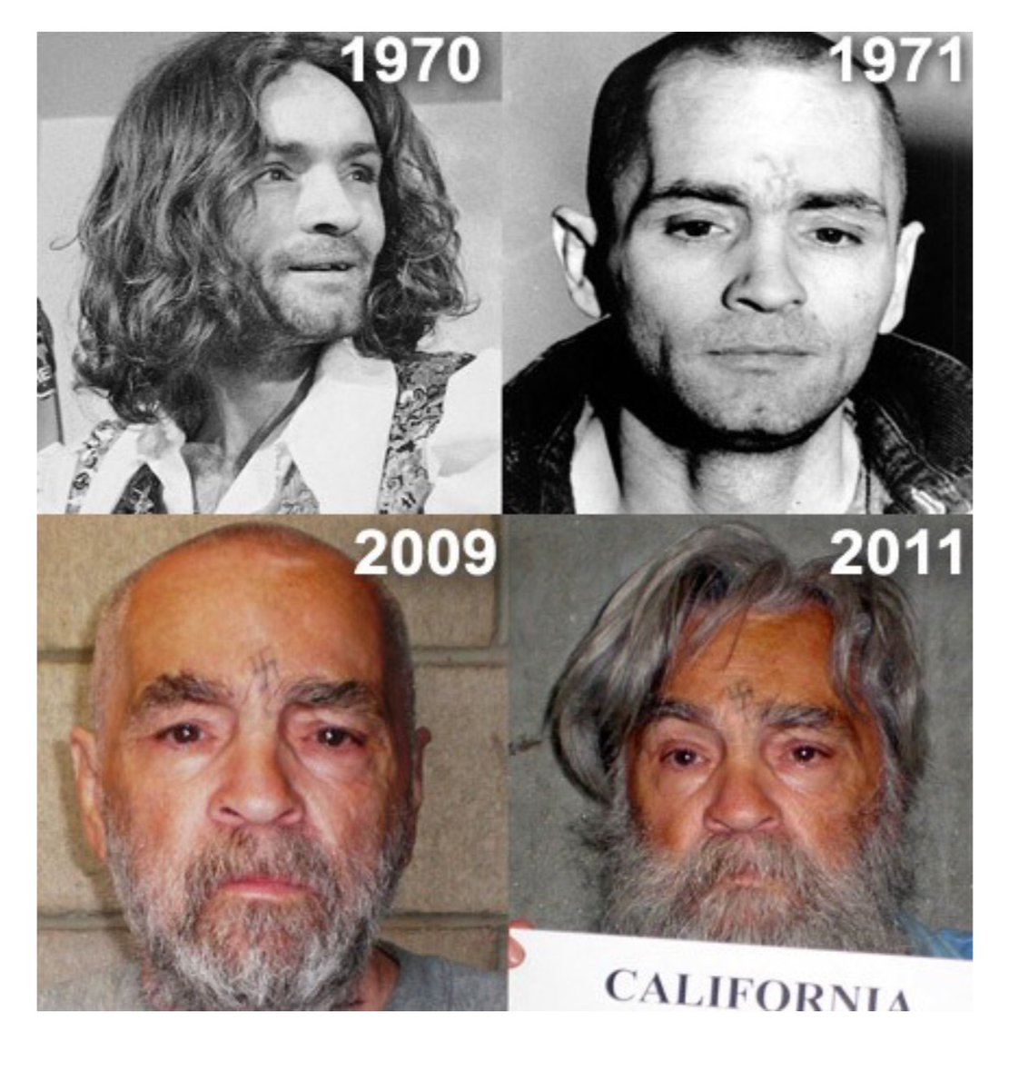 17 of 25We can see Manson’s swastika tatoo on his forehead changes directions after 1971. It also appears to be different between 09 & 11. That’s penciled on, he doesn’t wear that out in public. Also almost looks a little white around his eyes in 11, sunglasses? 