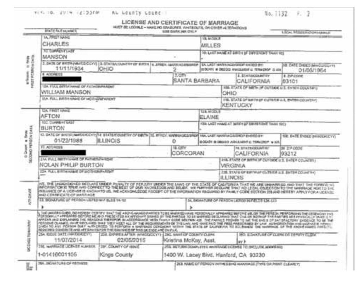 19 of 25Marriage cert from crazy woman that married Manson in 2014. Look Manson born on 11/11 1934? 11/11? His mainstream bio says 11/12/1934. [They] love 11/11. CA...They also “accidentally” swapped Manson’s and the wife’s city’s on the certificate. Yeah I bet...