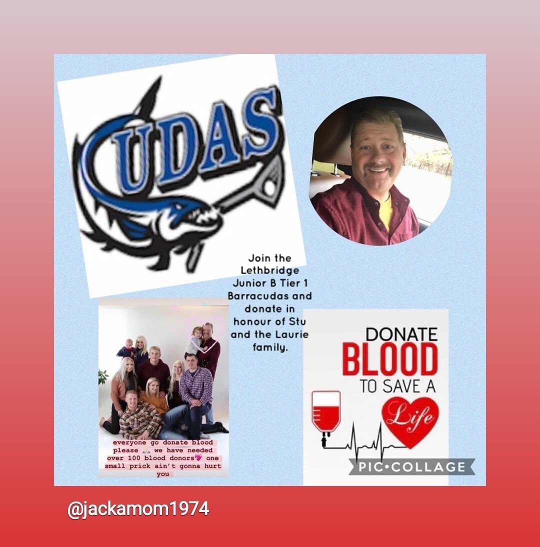 LethbridgeLax's tweet photo. Cudas family ❤️💙 Please become a blood donor if eligible. You never know when the need will arise! #itsinyoutogive #lax #yql #forStu @RMLaxL @AlbertaLacrosse https://t.co/30CEBHCszi