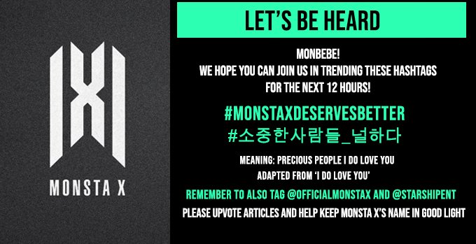 MONBEBEnt's tweet photo. Hello. This is MONBEBE entertainment.

‼🙌NEW HASHTAGS🙌‼

REPLY (9) TIMES WITH

#소중한사람들_널하다
#MonstaXdeservesBETTER

The fight is FAR from over. Hope is not all lost. There was only a few bad happenings among many good happenings. Lets keep fighting so we don't regret. https://t.co/vsjIsx3Paa