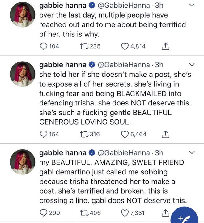 gabbie then accused trisha of blackmailing gabi (the ariana one if you’re getting lost here) so trisha said f you that’s defamation and is trying to sue gabbie