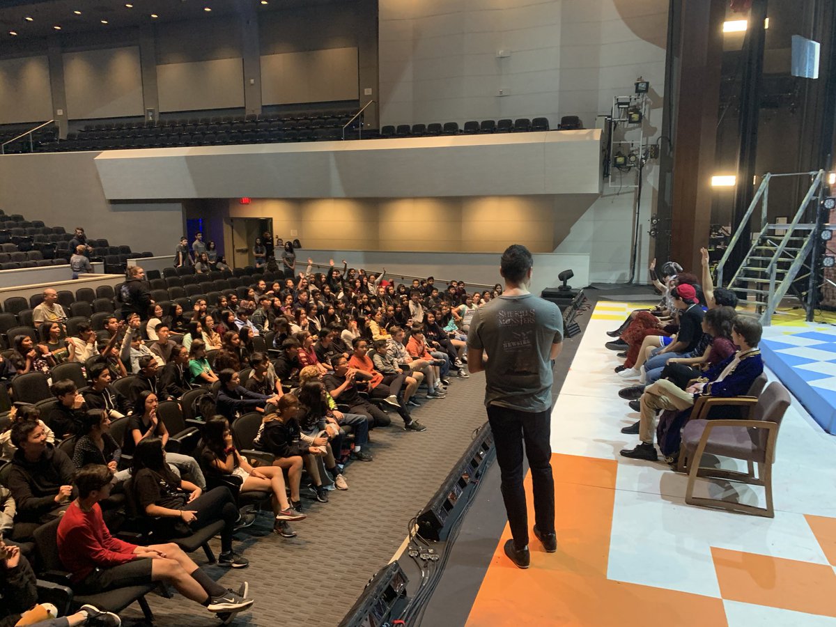 benacker's tweet photo. Thanks to @themsdillman , @apac_tech, @ArcadiaPac, Mr. Volpe, & cast & crew of #SheKillsMonsters. Today, 8th gr from @FirstAveMS, #DanaMS, @FoothillsMS got a sneak peek of the show. MS Drama Ss had Q&A w/ cast members, theatre tech Ss got a bonus tour behind the scenes, too! https://t.co/C7APHOSn0w
