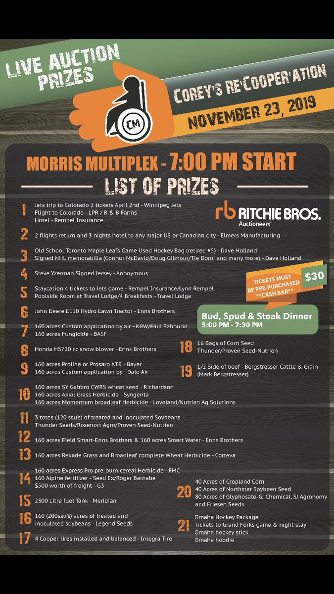 Come one, come all to support <a href="/czink95/">Corey Mazinke</a> fundraiser!! Loads of great items to bid on in charity auction by <a href="/RitchieBros/">Ritchie Bros.</a> R/T’s appreciated!! 🍺🥩