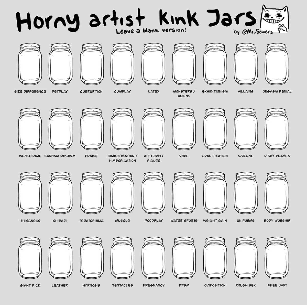 Darksilvania's tweet photo. My wife @chronnellian showed me this meme and I saw a couple going around so even if I am not known for my "sexy art" I decided to give it a go! Maybe you should try it too, it's pretty fun to realize all the shit you are into!
#kinkjars #JarsOfKink #HornyArtistKinkJars https://t.co/pABztNICTL