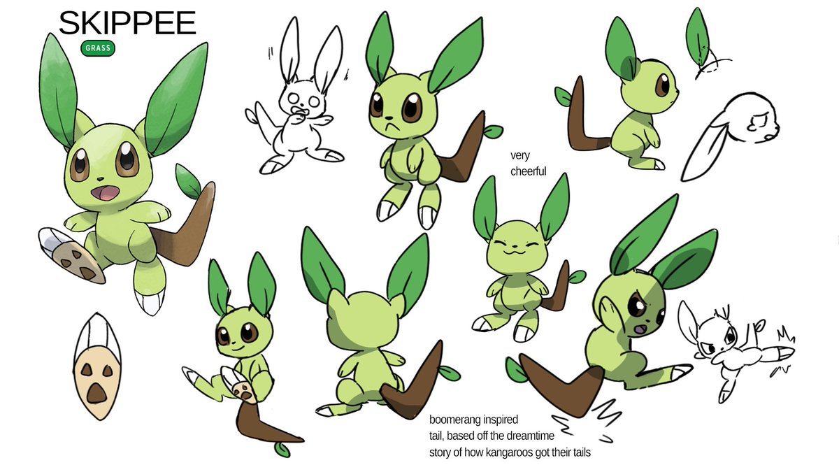 The concept sheets for Skippee and it's evolutions. Kangarang really utilizes the wooden boomerang in battle. Would you choose Skippee as your starter?