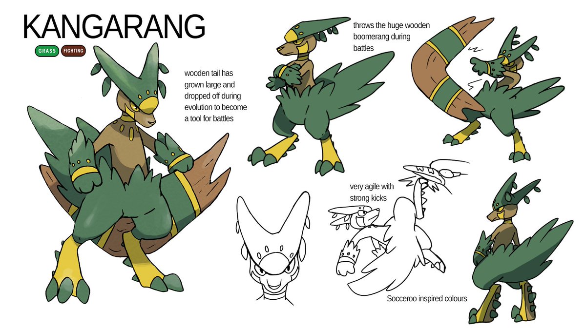 The concept sheets for Skippee and it's evolutions. Kangarang really utilizes the wooden boomerang in battle. Would you choose Skippee as your starter?