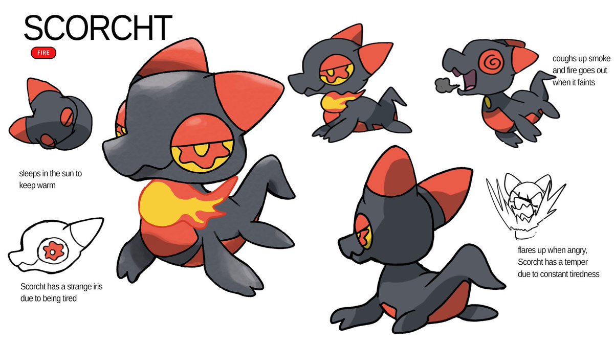 Concepts for the sleepy, party snake, Scorcht and it's evolutions. Look at the way Venolistic shoots  from it's back. It's like fireworks! Would you choose Scorcht as your starter? If so, could you handle it?