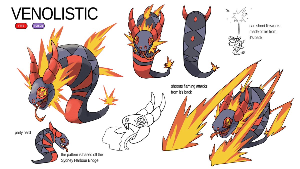 Concepts for the sleepy, party snake, Scorcht and it's evolutions. Look at the way Venolistic shoots  from it's back. It's like fireworks! Would you choose Scorcht as your starter? If so, could you handle it?