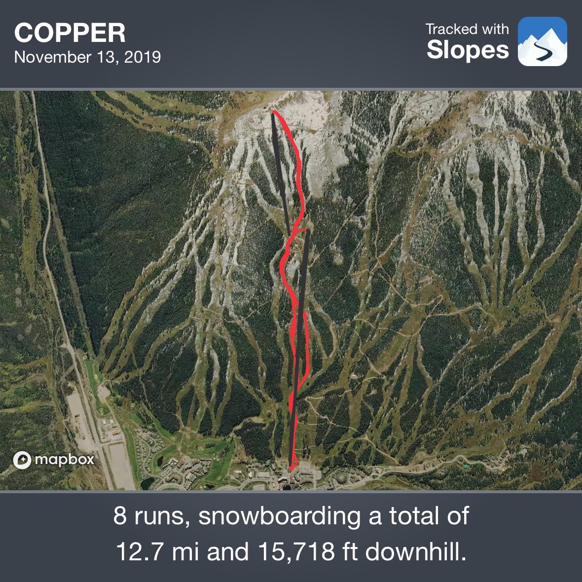 lifesahike's tweet photo. @slopesapp data from today’s slide @CopperMtn! Beautiful day with excellent snow and no lines! #colorado #summitco #coppermountain #snowboarding https://t.co/gx45IAloPf