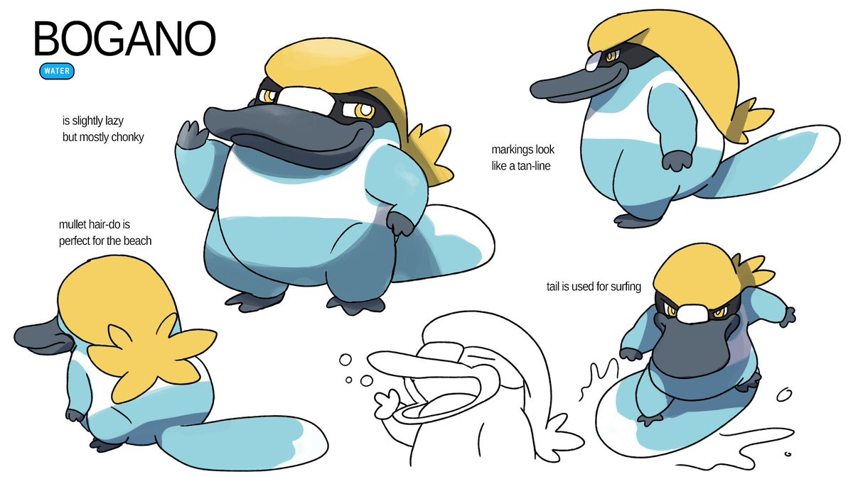 It's the boi, Pladdle and it's evolutions! The lifeguard platypus with a colour scheme inspired by  @bondirescue . They're helpful Pokemon, well, except maybe Bogano. Would you choose Pladdle as your starter?