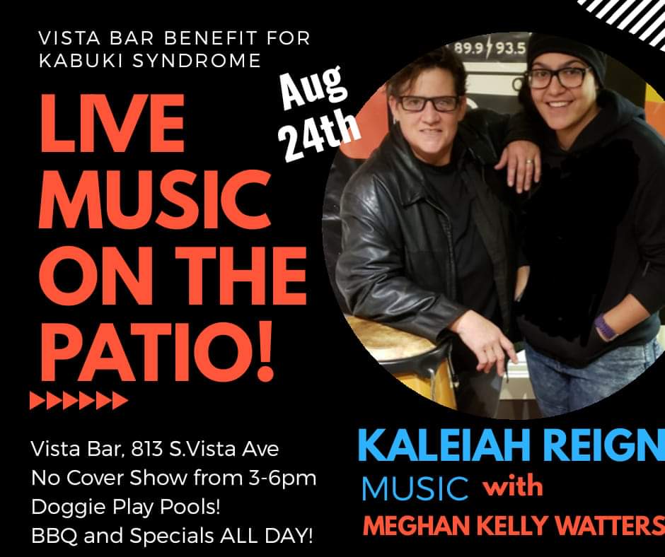 kaleiahreign's tweet photo. August 24 2019 The Vista Bar
3PM - 6PM
Live Music by Kaleiah Reign, accompanied by Meghan Kelly Watters on percussion! No Cover Show 3-6pm plus all-day Specials! All supporting a very important cause, Kids with Kabuki Syndrome. We'd love to see your faces! https://t.co/6YpcedRoUf