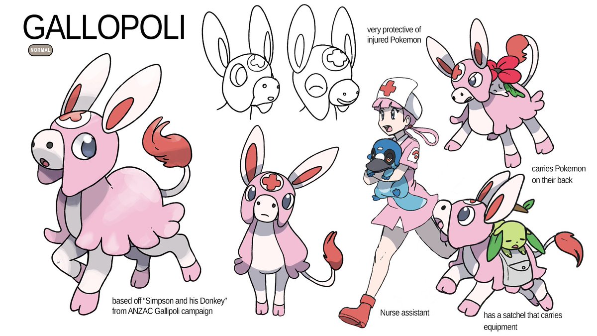 Gallopoli is WHOLESOME. I thought a donkey Pokemon based off the ANZAC legend, about a man and his donkeys that helped wounded soldiers, would be perfect as the nurse Pokemon of the region.