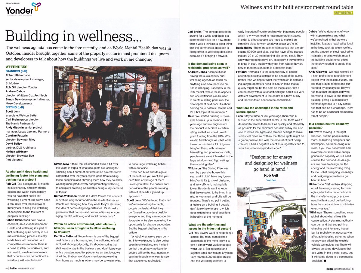 Watsonbatty's tweet photo. “The primary motivator for people will be the next generation” - Associate Scott Lunn sat amongst other designers &amp; developers at the recent ‘Wellness and the Built Environment Roundtable’ discussion held by @InsiderMedia &amp; featured in the Nov issue of #Insider #WBA #Futurebuilt https://t.co/MsnYcx8rEv