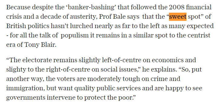 As  @ProfTimBale observes the "sweet spot" of UK politics remains (despite the financial crisis, austerity and banker bashing) remains right of centre on social issue and left of centre on econmic issues - indeed it hasn't moved that much from the Blair era. /9