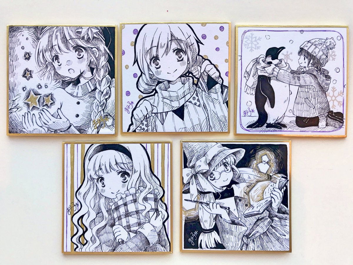 メルメリィマーケット にて販売するペン画ドローイングミニ色紙✨ 5枚