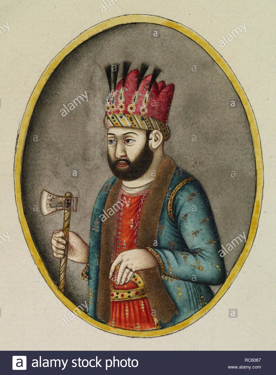 Painting of Ahmad Shah Durrani of circa 1785-1790, Inscribed: 'Hamed Shah Duranny'.  https://www.alamy.com/ahmad-shah-durrani-amir-of-afghanistan-1747-73-oval-portrait-three-quarter-length-wearing-a-green-fur-trimmed-coat-over-a-red-dress-and-holding-an-axe-inscribed-hamed-shah-duranny-1785-1790-watercolour-source-addor2685-author-anon-image231242543.html