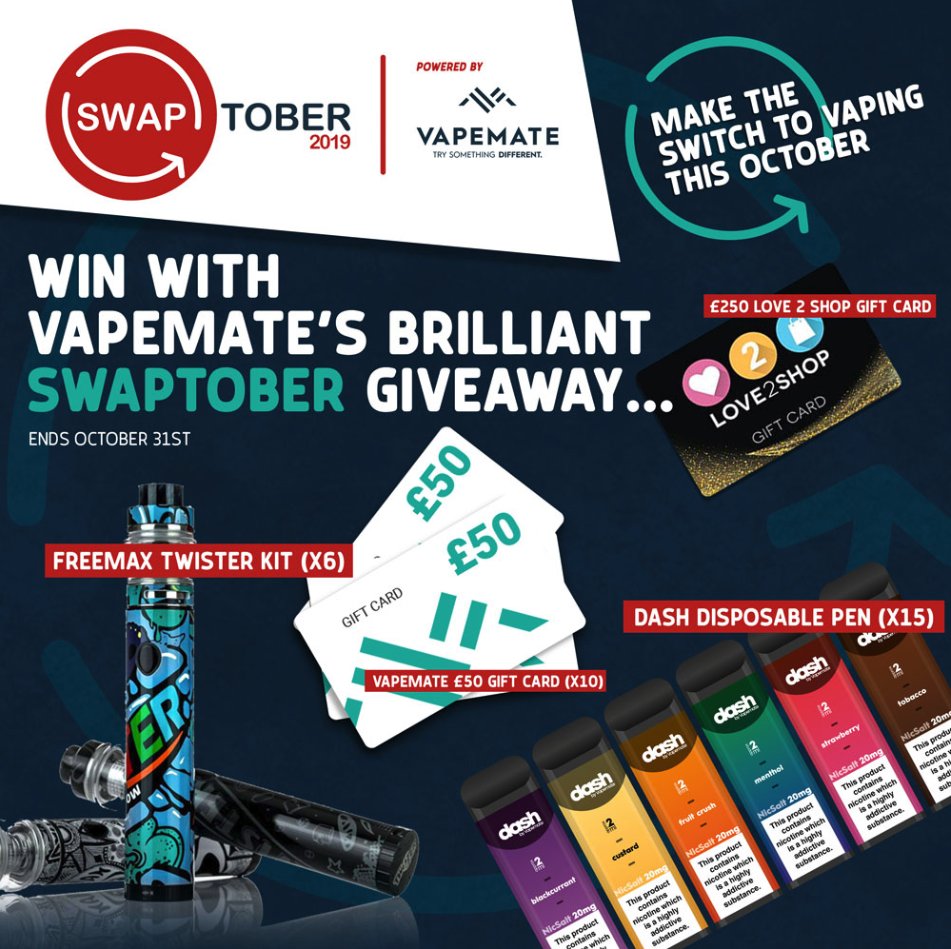We've announced the winners! Congratulations to our main prize winner - <a href="/damn_right_/">Damn Right</a> for full list of winners, hit the link - swaptober.org.uk/vapemate-make-… 🙌🏻🎉

All other winners will also be notified via email.