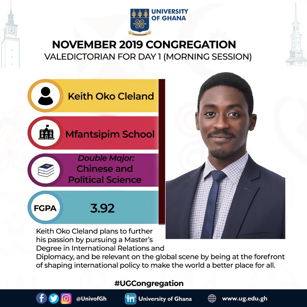 UnivofGh's tweet photo. We shall now receive the Valedictory message from the Valedictorian Keith Oko Cleland, graduating with a FGPA of 3.92 with a double major in Chinese and Political Science.
#UGCongregation
@UnivGh_VC
@Legon_Live
@sports_ug
@UGAlumniGh
@univers1057fm https://t.co/YQy54OILDu