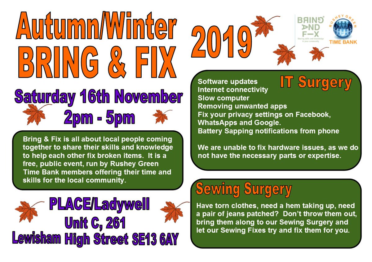 GFLewisham's tweet photo. Bring and Fit with @RGTB #ITsurgery an #SewingSurgery - Sat 16th Nov 2 - 5PM PLACE/Ladywell Unit C261 Lewisham High Street SE13 6AY. https://t.co/V499qo4UR3