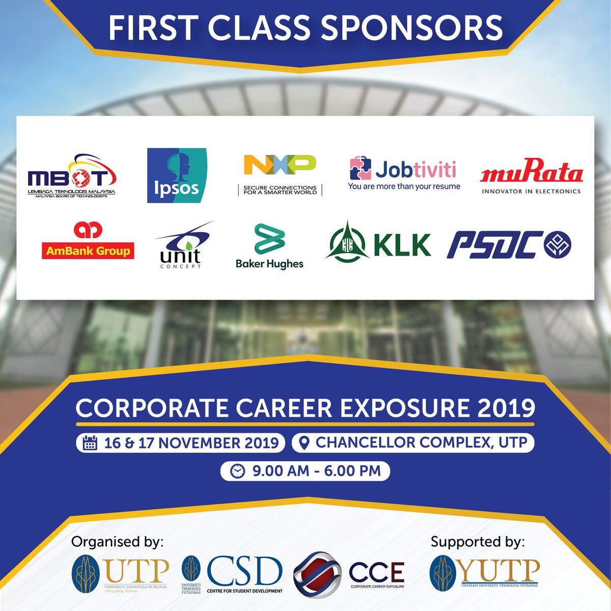 cceutp's tweet photo. 🌟[CCE19 FIRST-CLASS SPONSORS]🌟

We would like to present to you our first-class sponsors for Corporate Career Exposure (CCE) 2019!

CCE19 would like to take this chance to express our gratitude to all of our First-class sponsors.

#CCE19 #CCEisBack #UnlockingTruePotential https://t.co/ZMVw9sVGIW